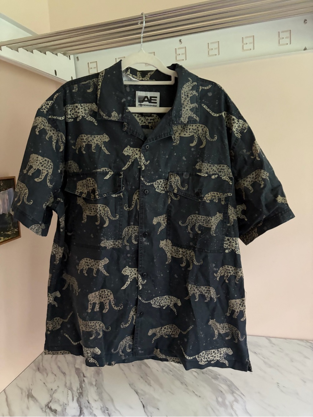 NWT American Eagle Outfitters Black Short-Sleeve Button-Up with Cheetah Print